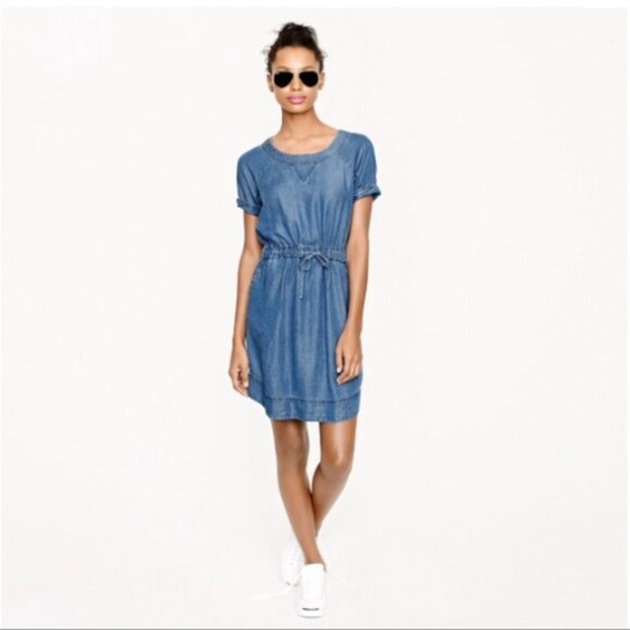 J. Crew Chambray Denim Dress Blue Preppy Tencel Short Sleeve Mini Size Small - Picture 1 of 16